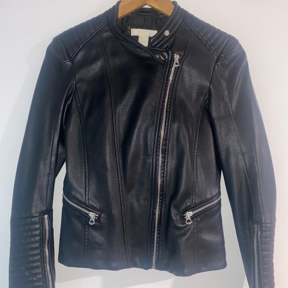 Express Black Leather Moto Jacket with Quilted Details